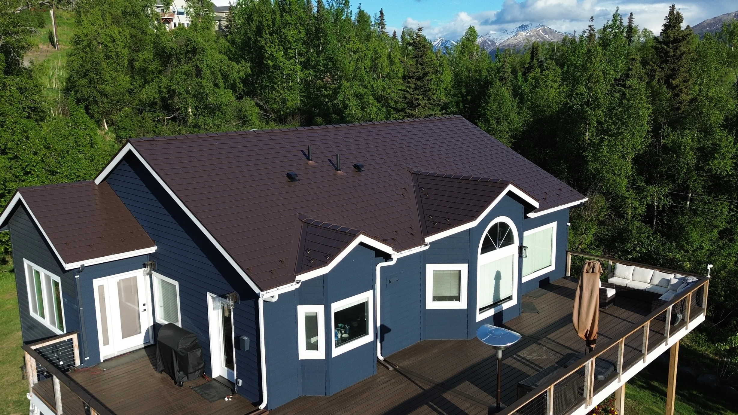 Modern house with dark grey metal roof and white trim in forested mountain setting