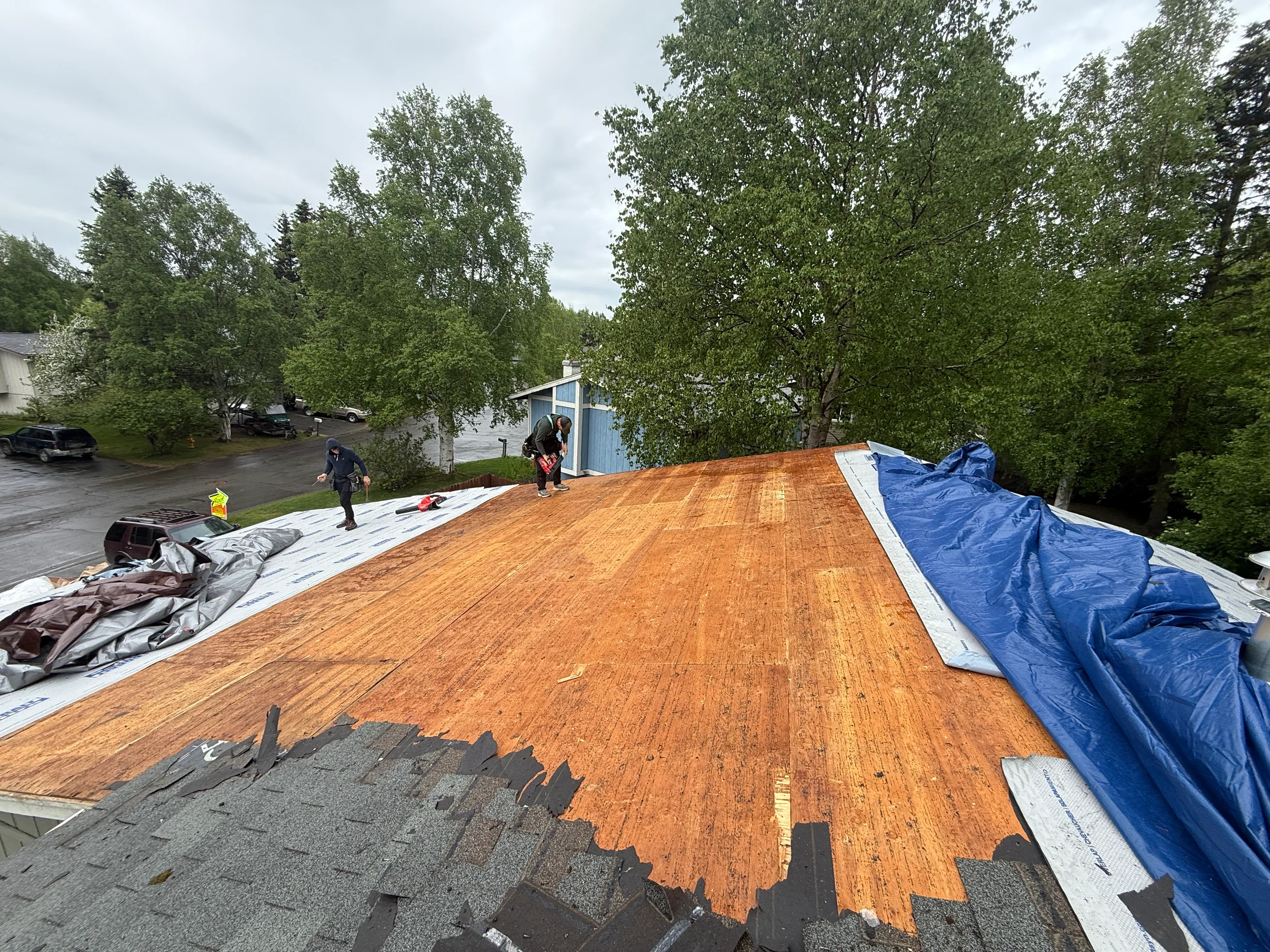 A metal roof under installation on a single-family home in a forested, rural area.