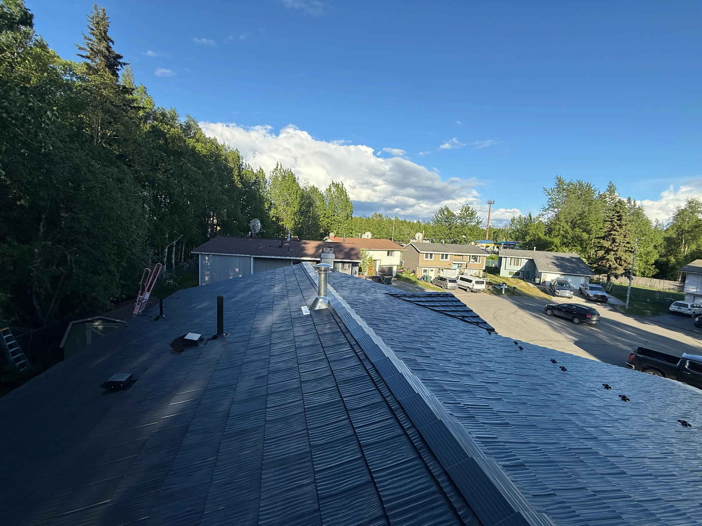 A finished metal roof in a ranch style home with lush greenery and a blue sky