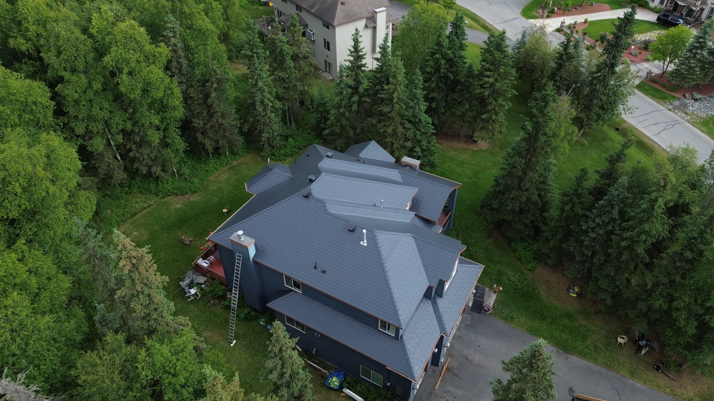 Interlock Aluminum Slate Metal Roofing – Deep Charcoal | Anchorage, AK (Aerial)