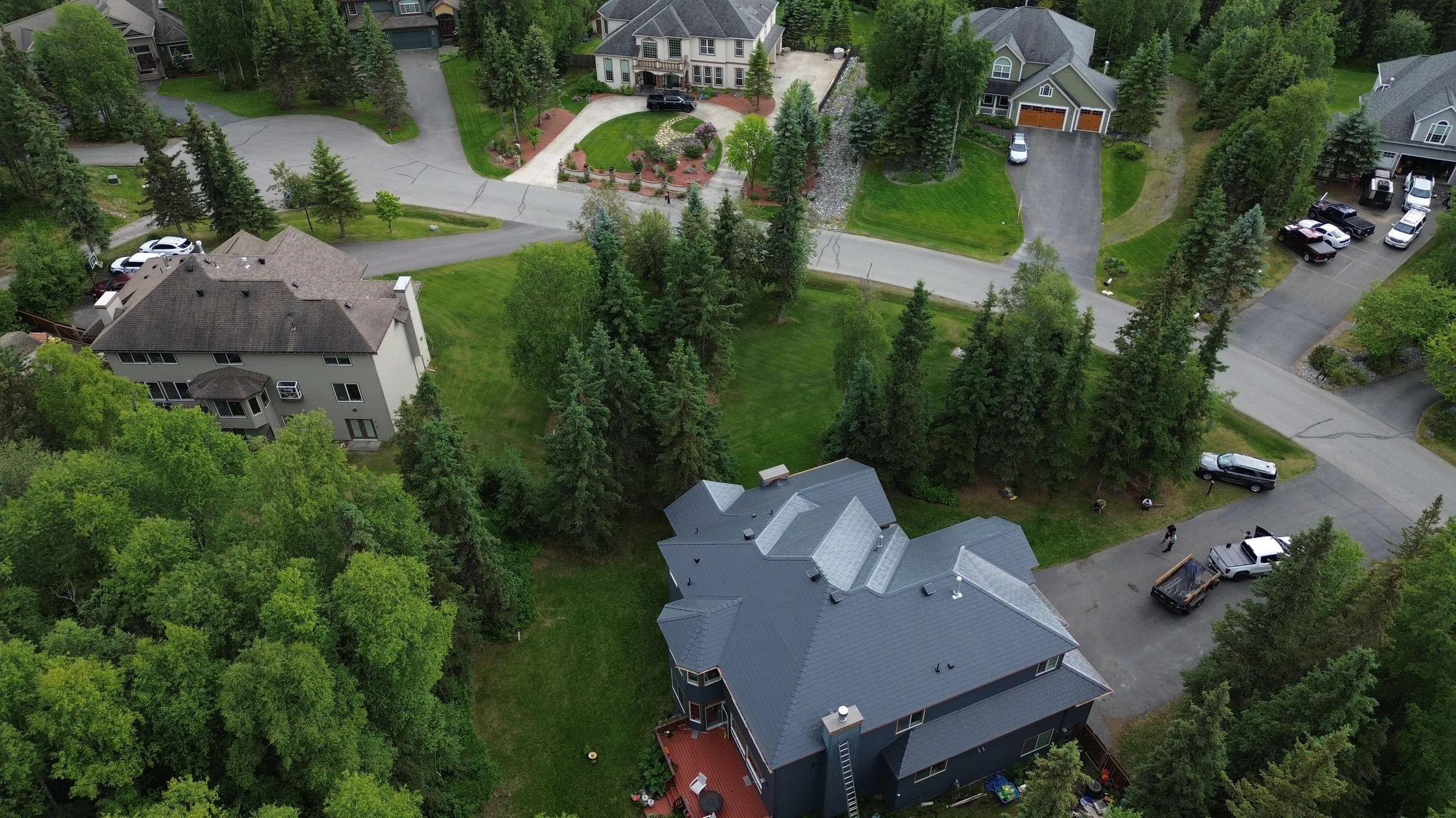 Interlock Aluminum Slate Metal Roofing – Deep Charcoal | Anchorage, AK (Aerial)