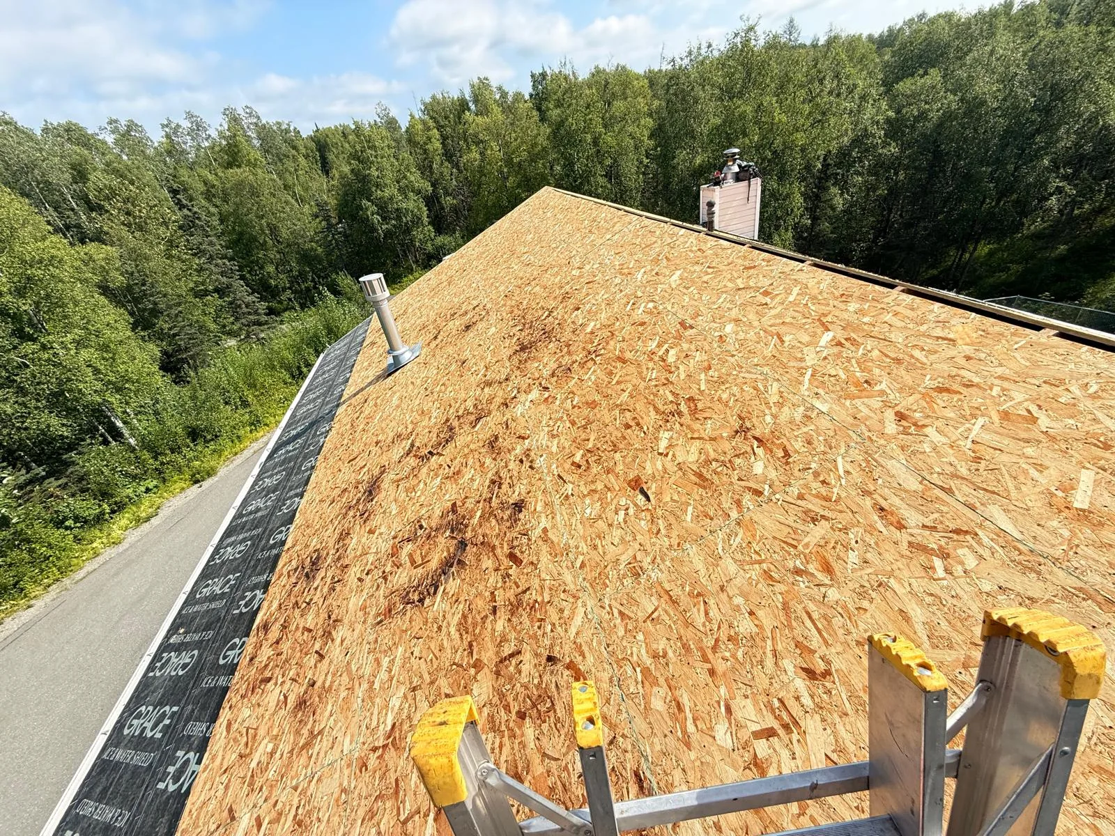 A metal roof being installed on a house in a forested area with lush greenery and a blue sky.