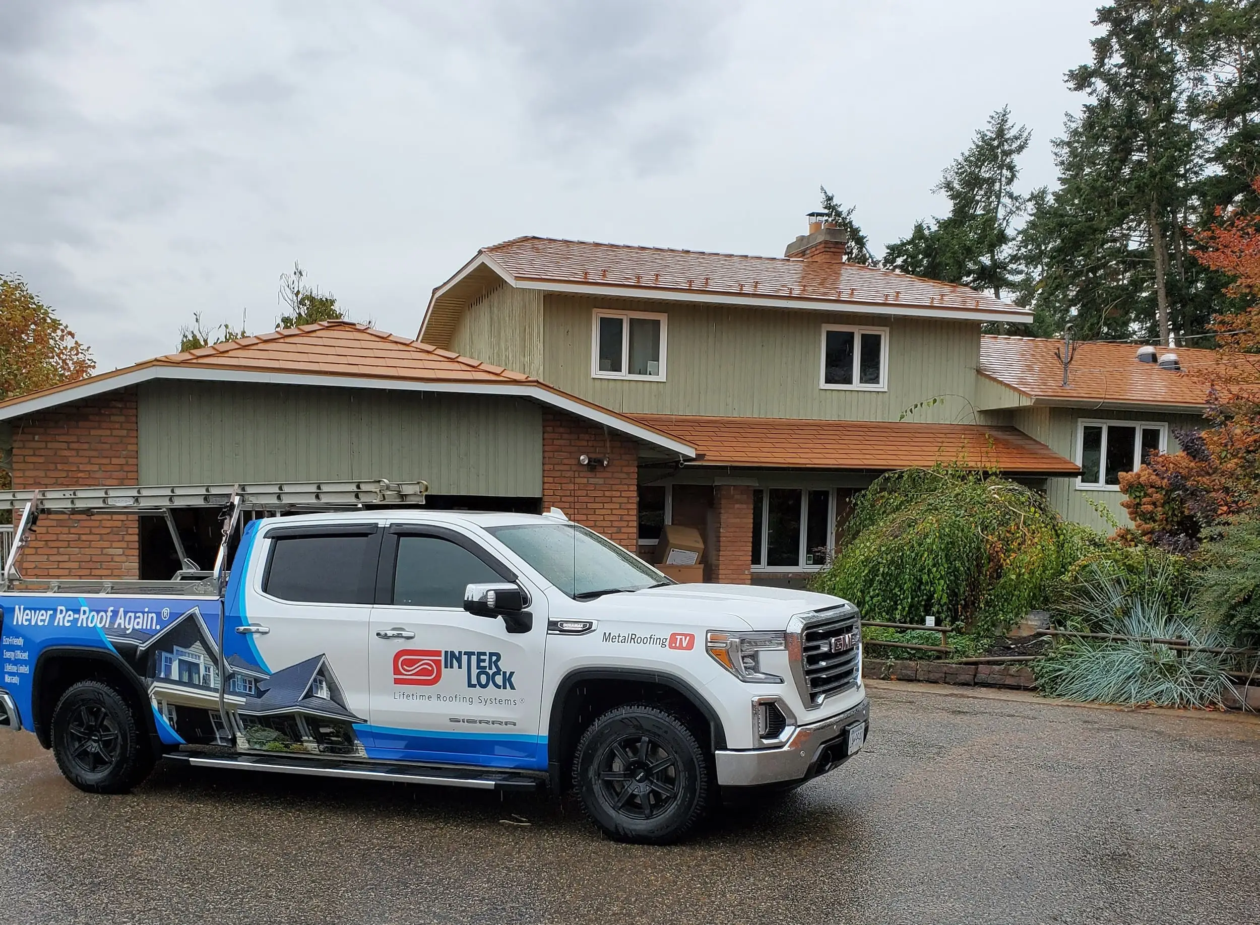 Interlock Aluminum Slate Metal Roofing – Copper Penny | Armstrong, BC (Front-left elevation)