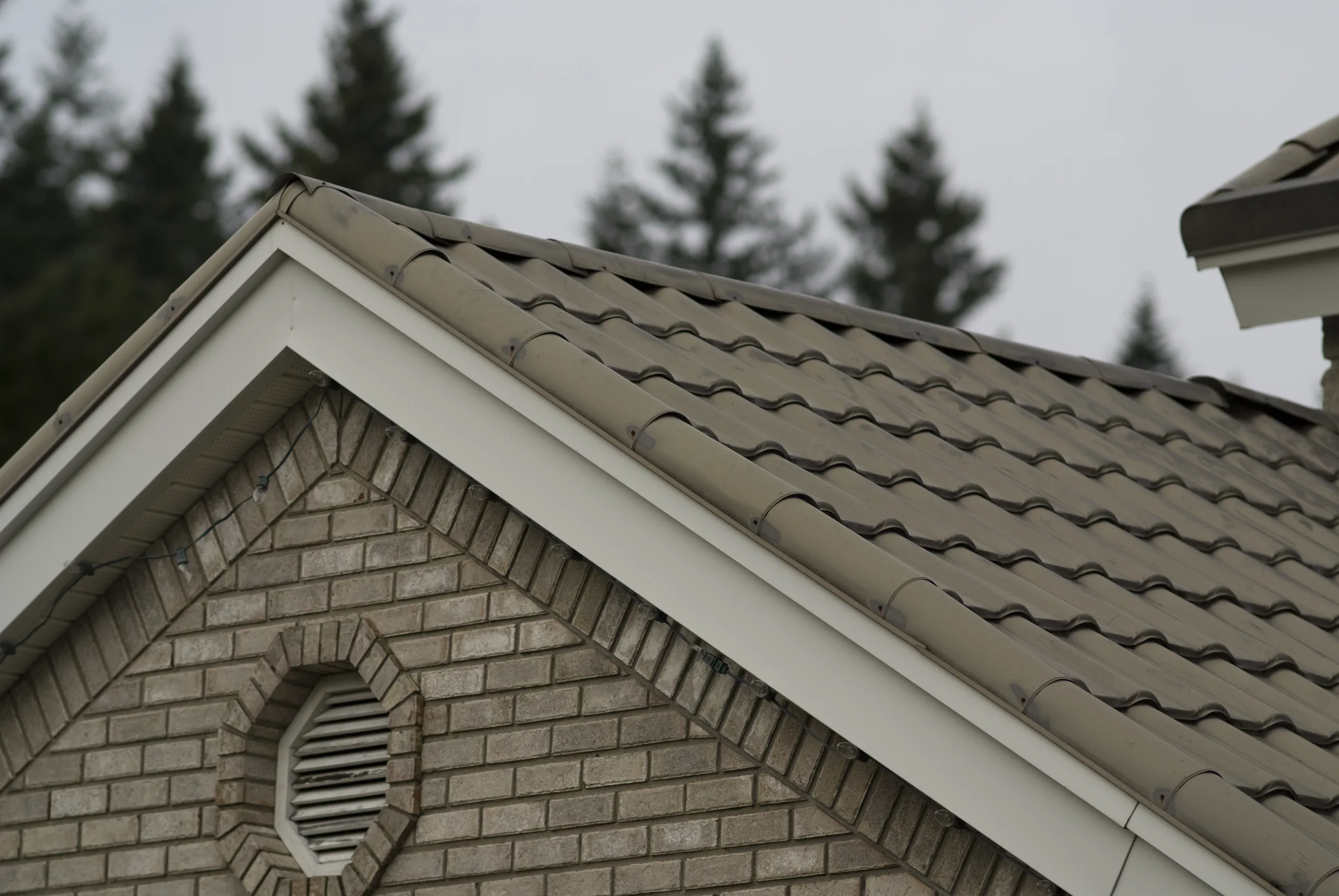 Before: the old roof on a two-storey modern home with a metal roof among tall trees, Surrey, British Columbia, ahead of a Black Interlock Slate aluminum roof