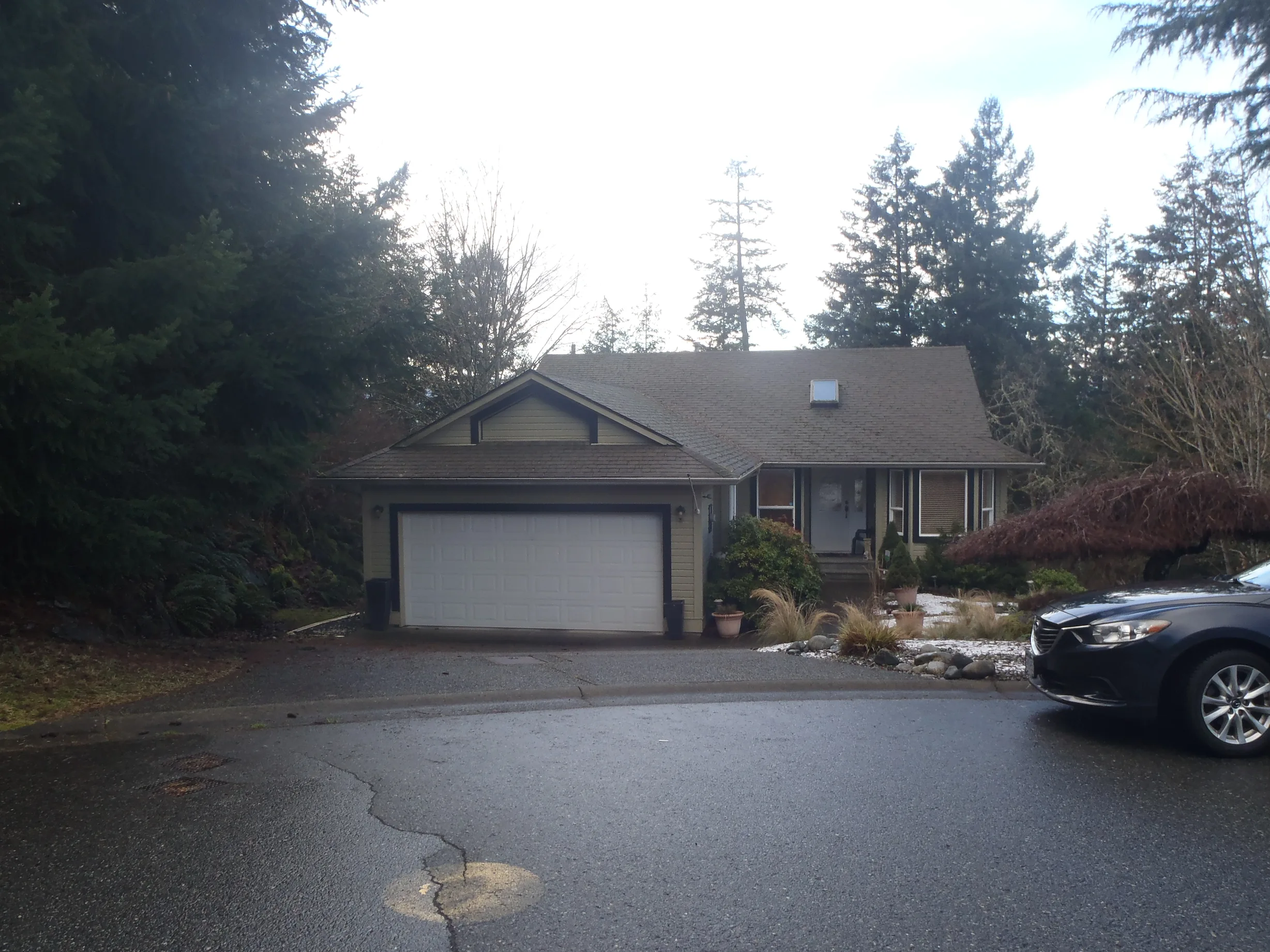 Before: a leaking asphalt shingle roof on the home, Duncan, British Columbia, ahead of a Black Interlock Slate aluminum roof