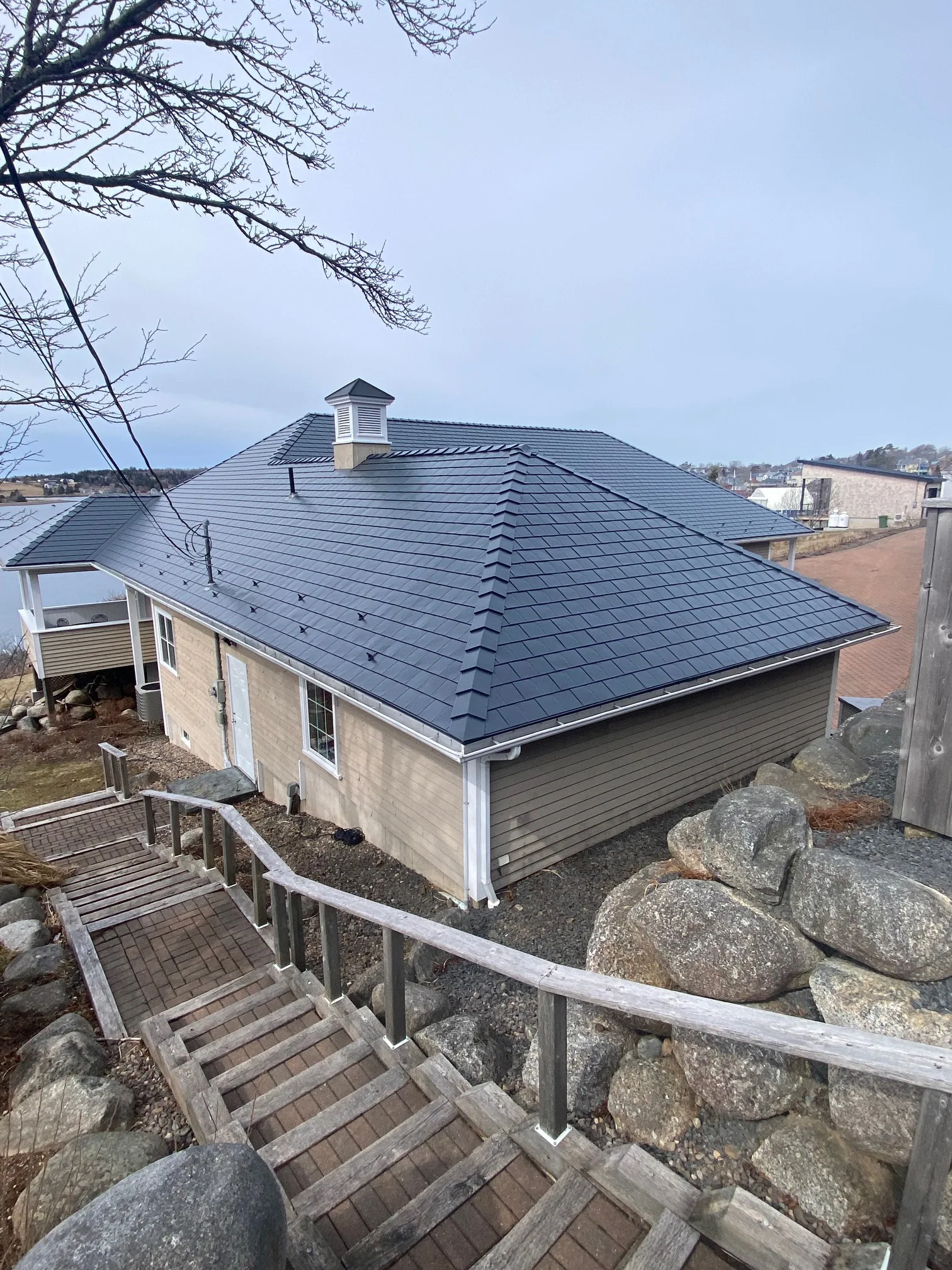 Deep Charcoal Interlock Slate aluminum roof on the home, Lunenburg, Nova Scotia