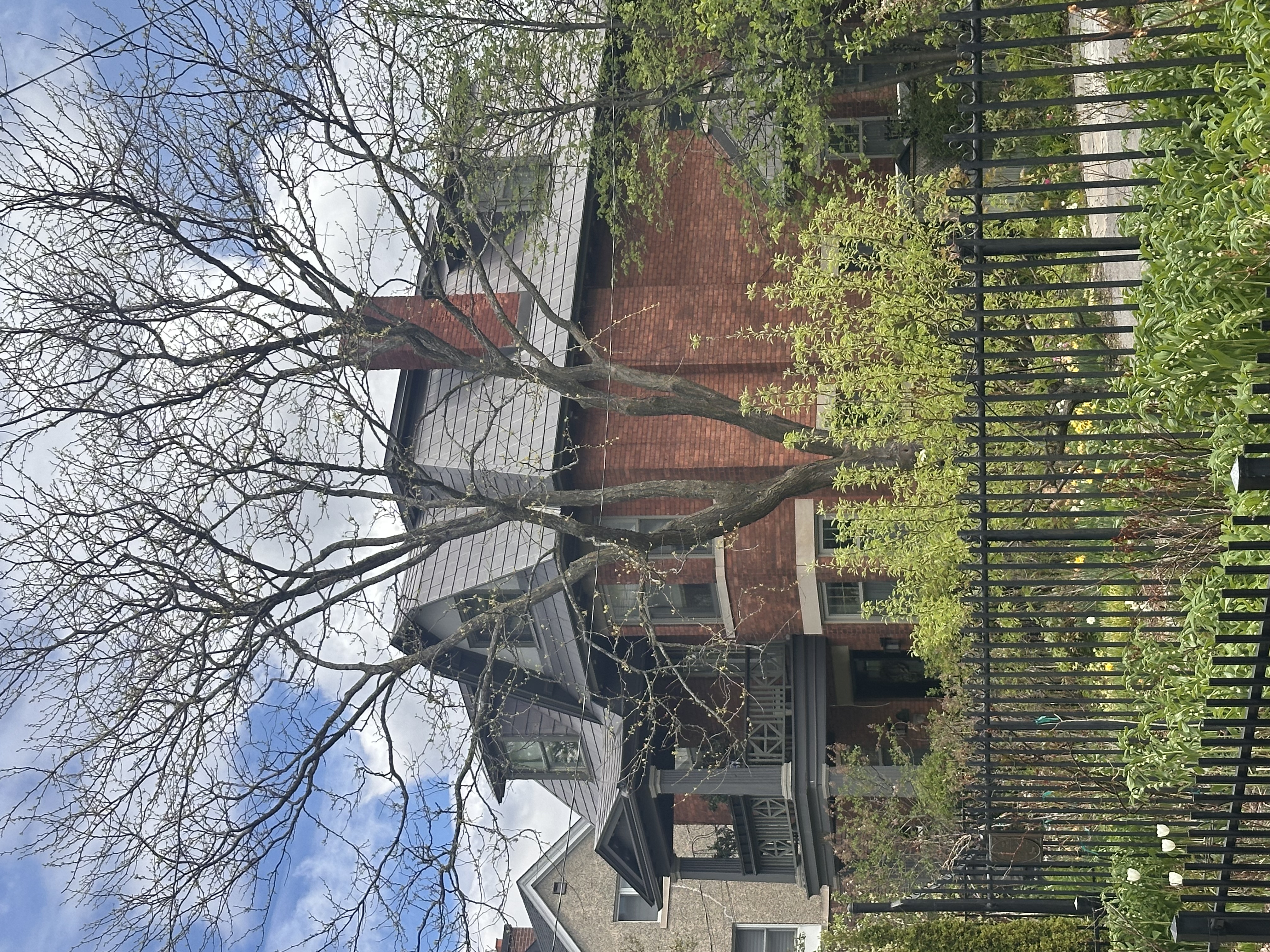 Victorian red-brick home in Ottawa with Interlock Musket Grey aluminum slate roofing, steep multi-hip profile, dormers, and chimney, viewed from street.