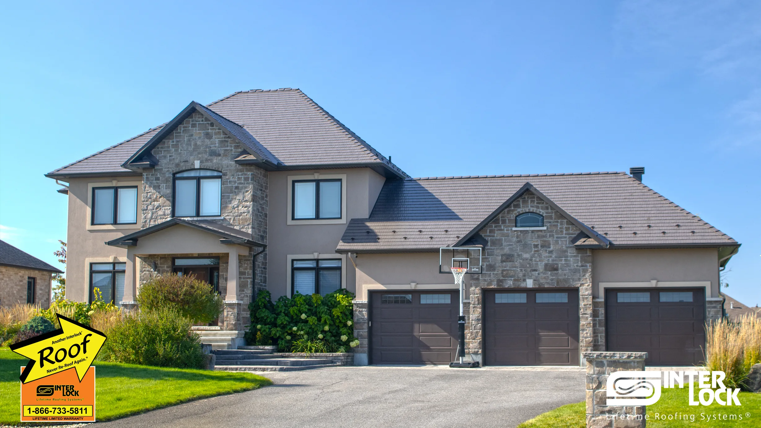 Tudor Brown Interlock Cedar Shingle aluminum roof on a brown two-storey home with dormers in a suburban, Greely, Ontario