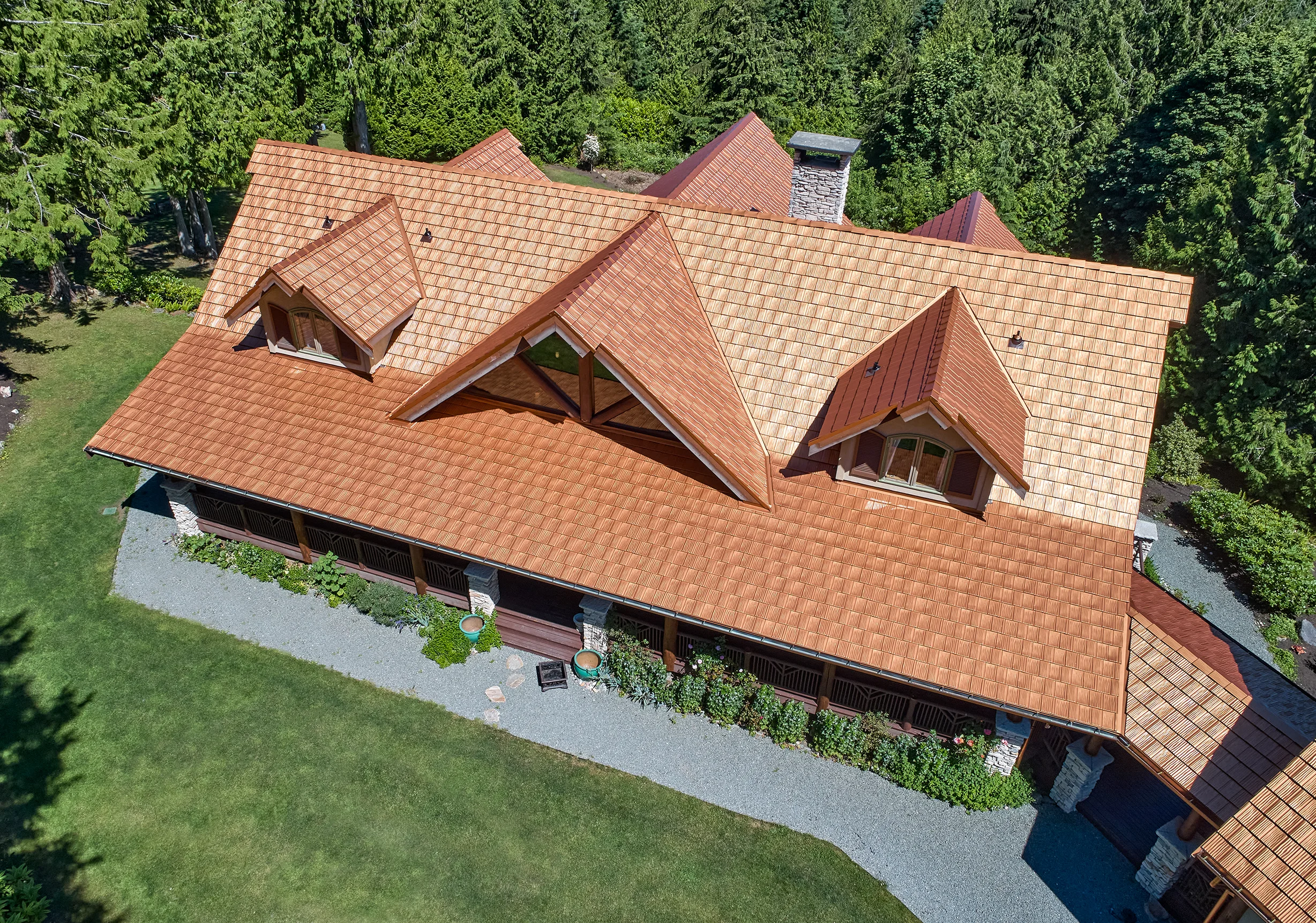 Copper Penny Interlock Shake aluminum roof on a single-storey home with copper penny Interlock Shake, Bellingham, Washington